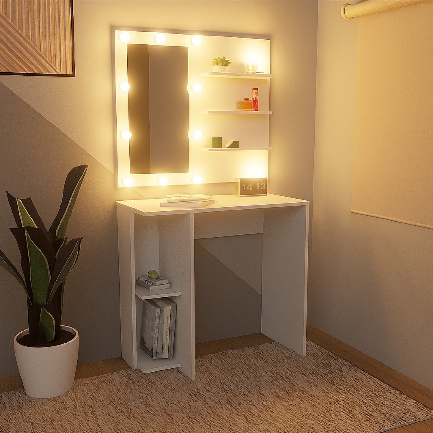 Combo Escritorio Panel Tocador Hollywood (77x80x40) Blanco