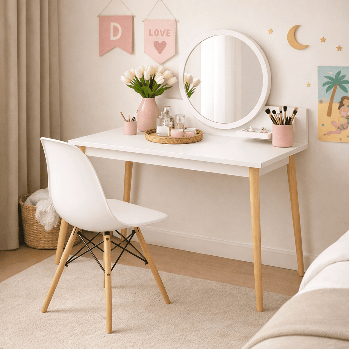 Tocador Nice 135x100x40cm Blanco + Silla Blanca