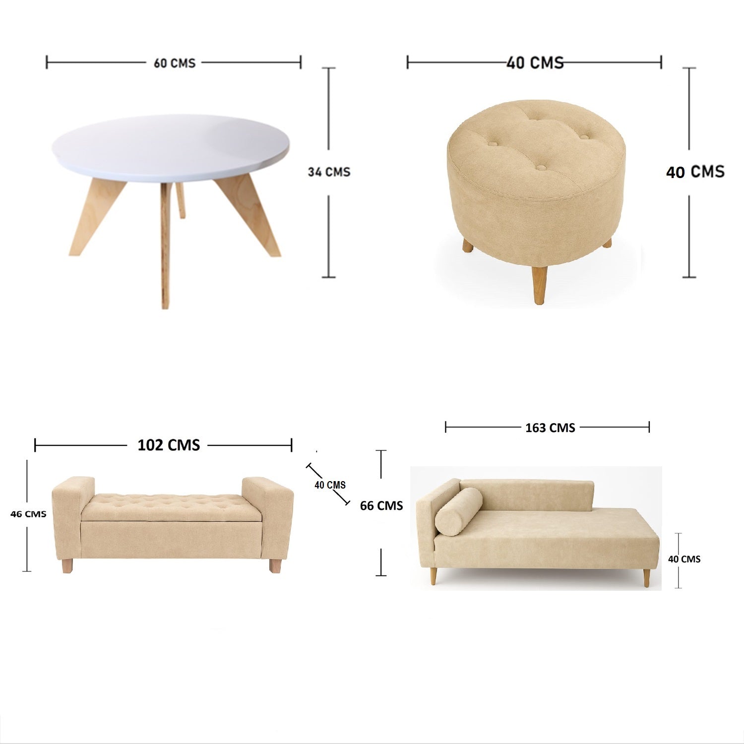 Juego de Sala Sofa (66X163X64)Beige + Puff + Banqueta Baúl + Mesa De Centro