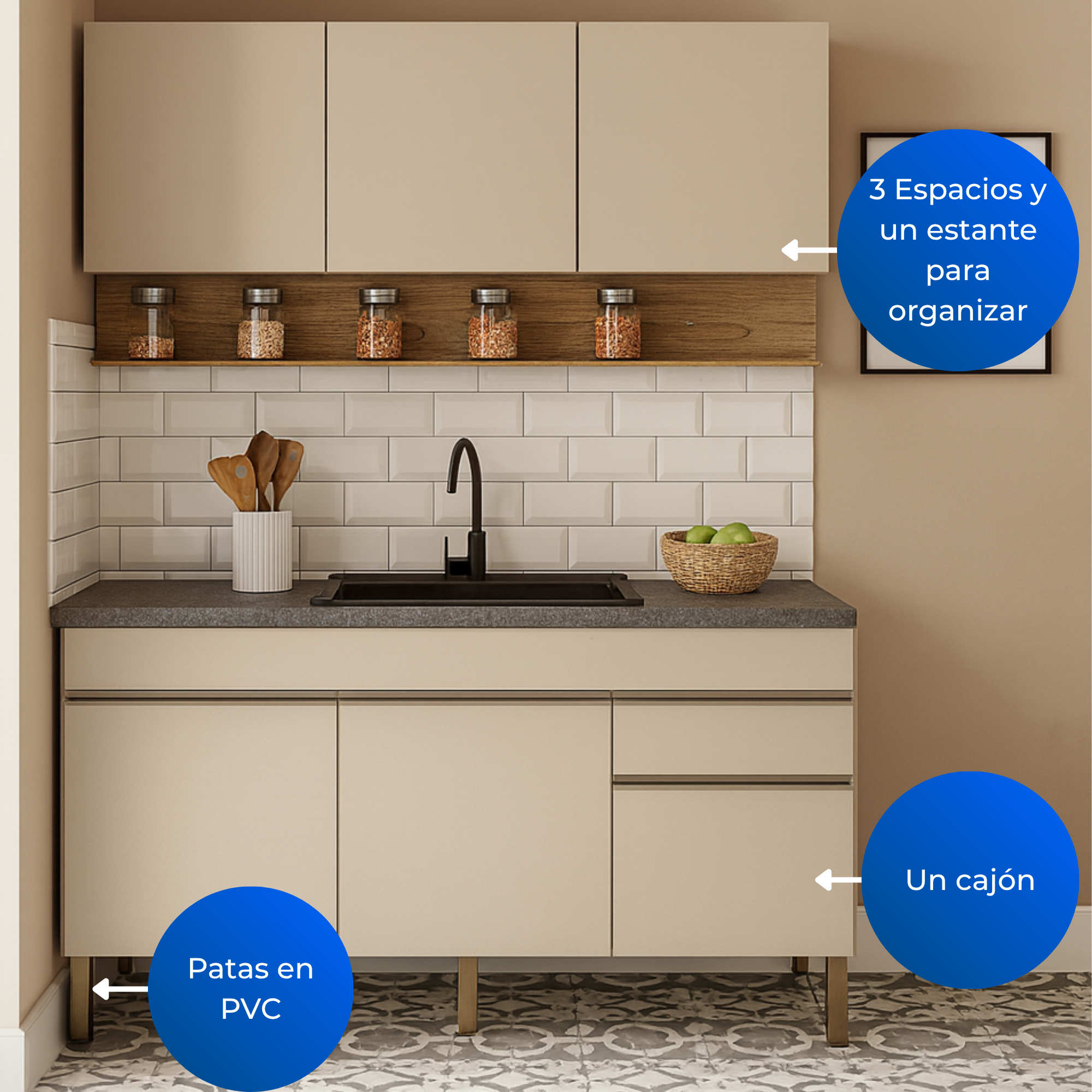 Cocina 150cm hortensia 6 puertas 1 cajon vainilla maderado natural