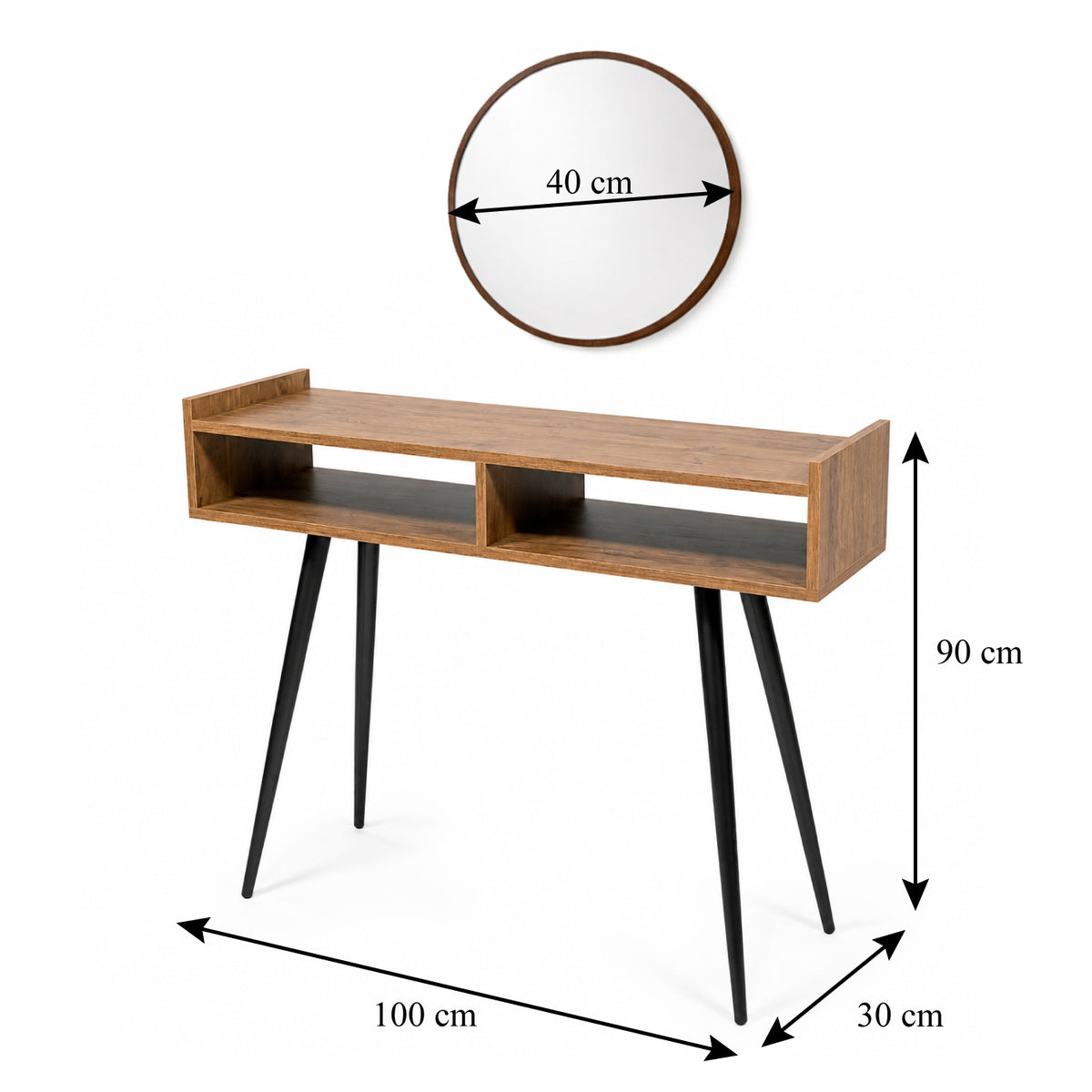 Set Consola 90x100x30cm Recibidor Con Espejo Redondo 40cm diámetro