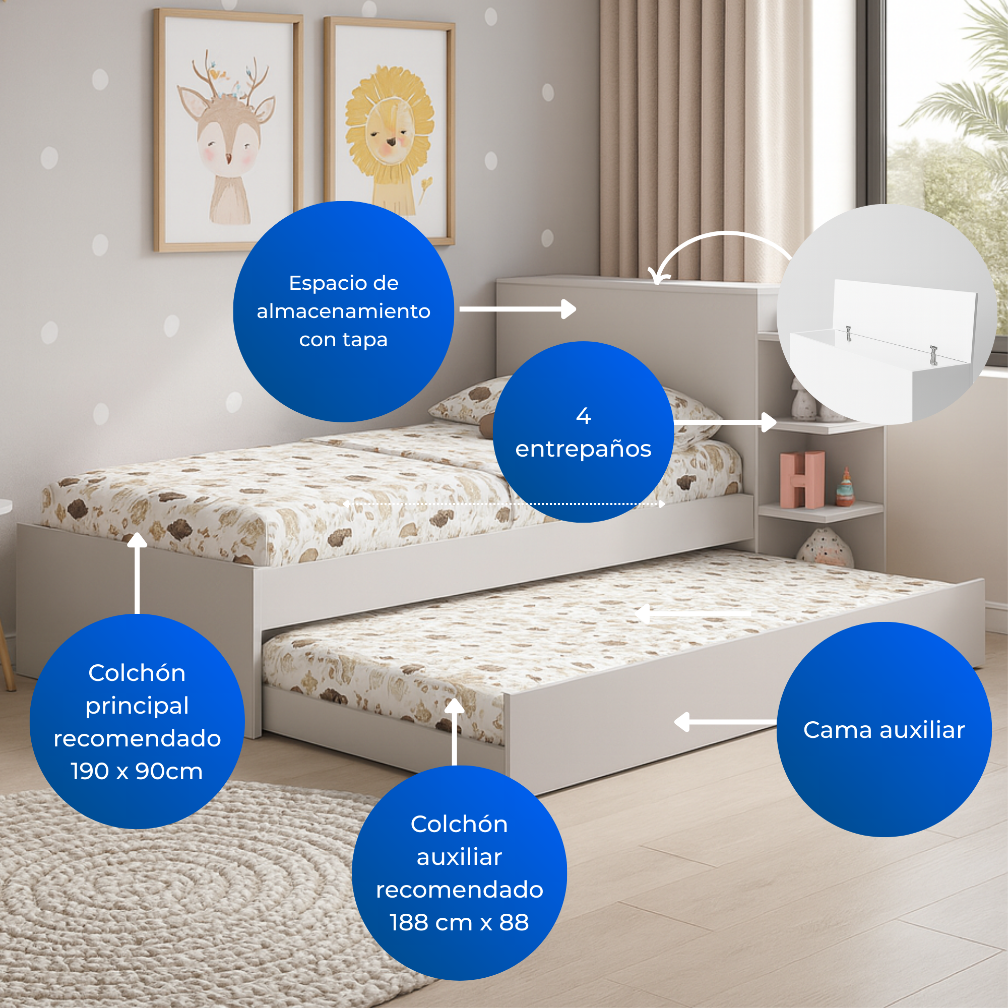 Cama Sencilla gea blanco con cama auxiliar