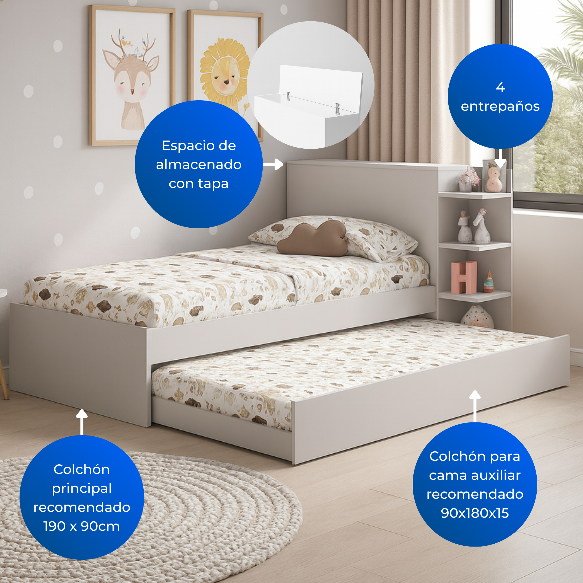 Cama Sencilla Gea Blanco Con Cama Auxiliar