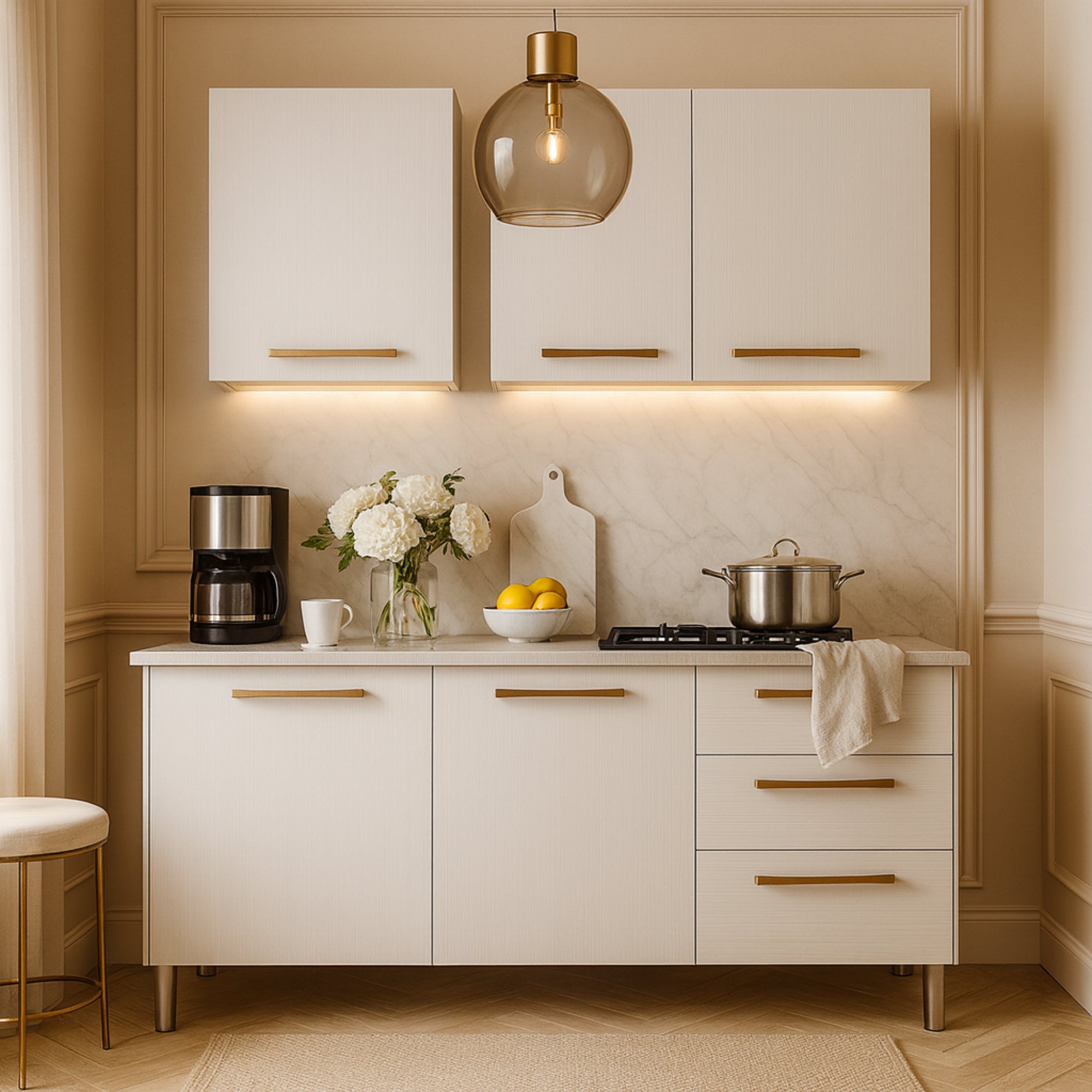 Cocina gazania 120cm 6 puertas 2 cajones maderado natural blanco supremo