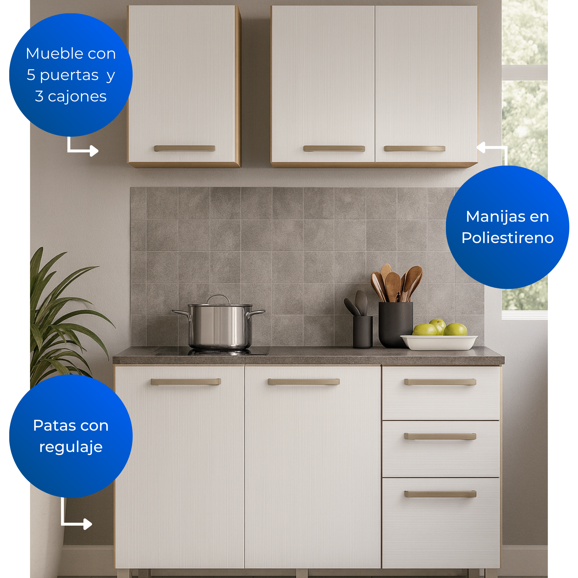 Cocina gazania 120cm 6 puertas 2 cajones maderado natural blanco supremo