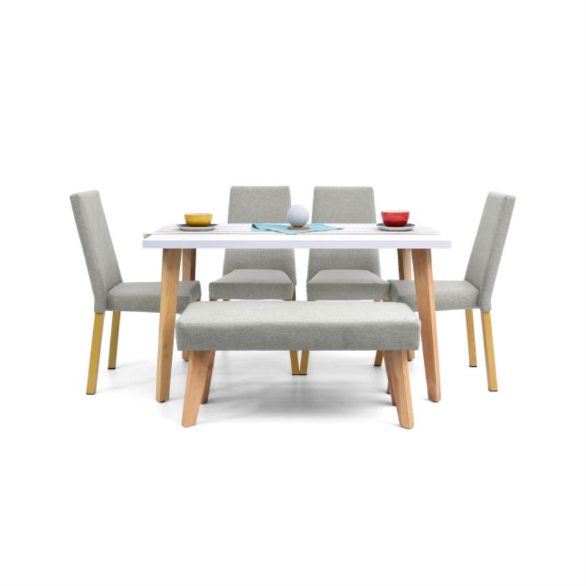Comedor lugo matiz 6 puestos sillas viena + butaco plata tela