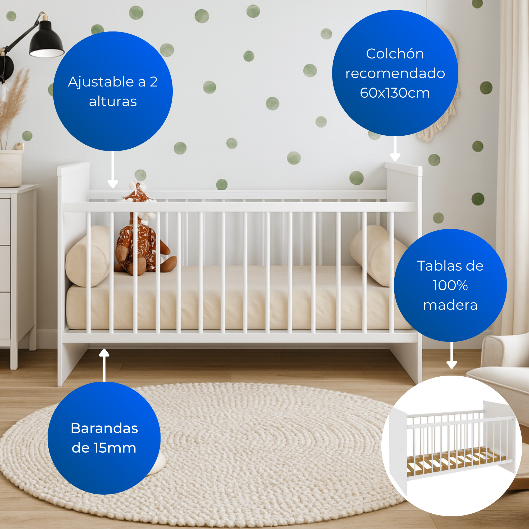 Cuna Para Bebé Jaén Blanca Con Altura Ajustable En MDP