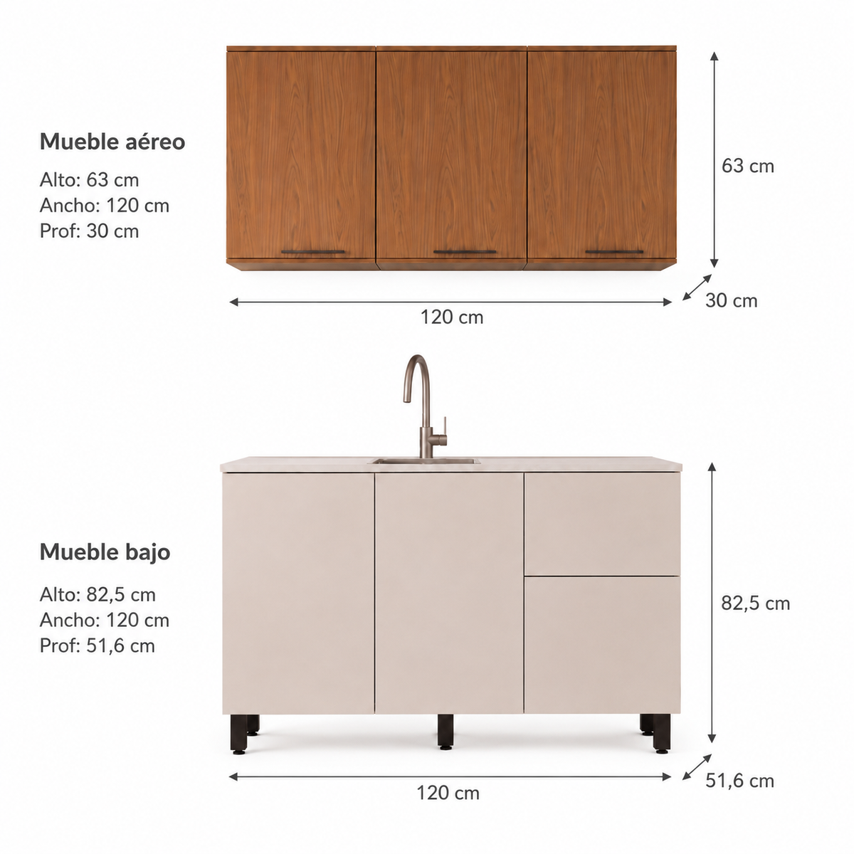 Cocina 120 cm Dominica 5 Puertas 2 Cajones Natural/Blanco Apagado