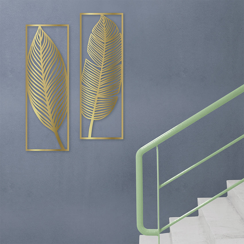 Díptico hojas palma dorado mdf 21x61 cm<br/>