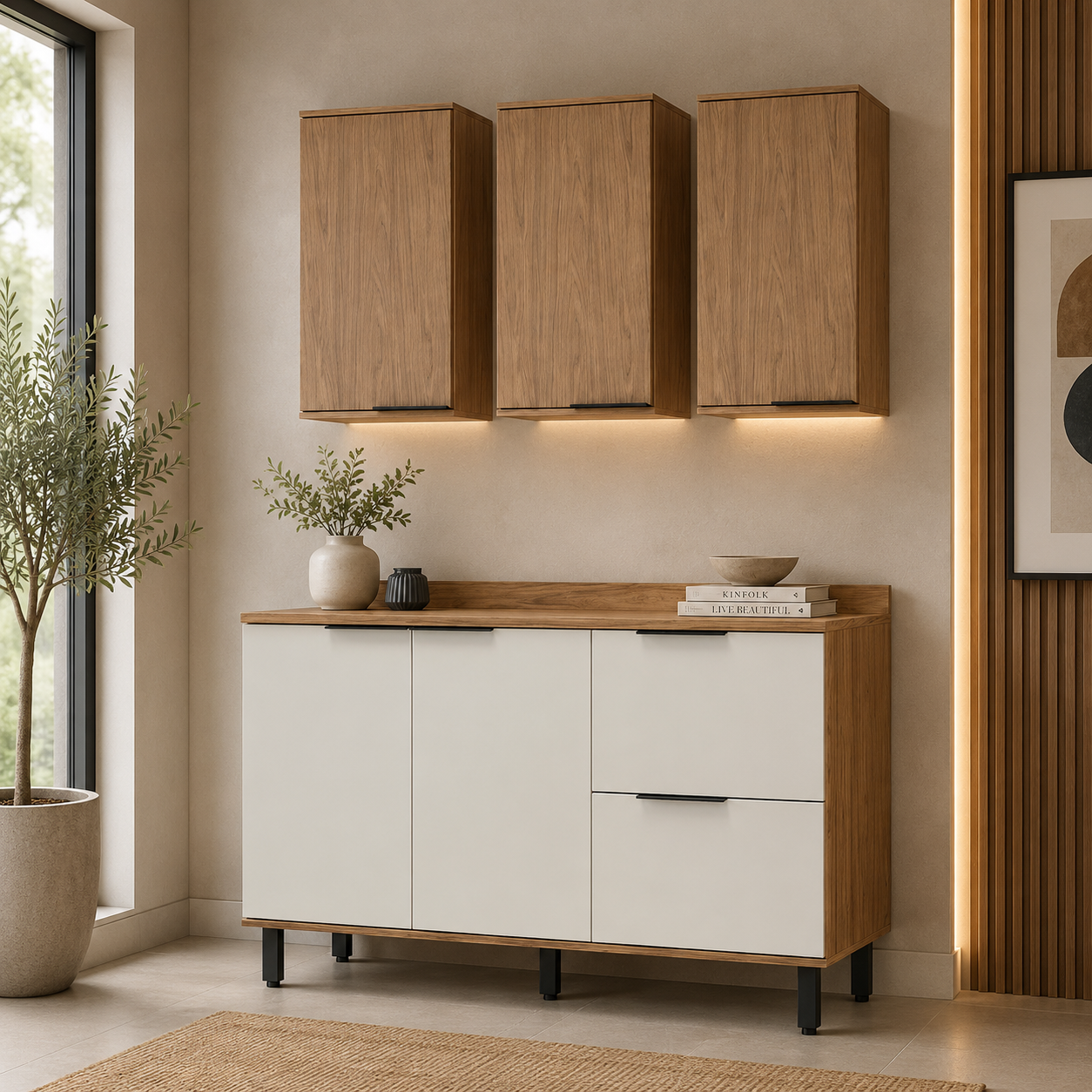 Cocina 120 cm Dominica 5 Puertas 2 Cajones Natural/Blanco Apagado