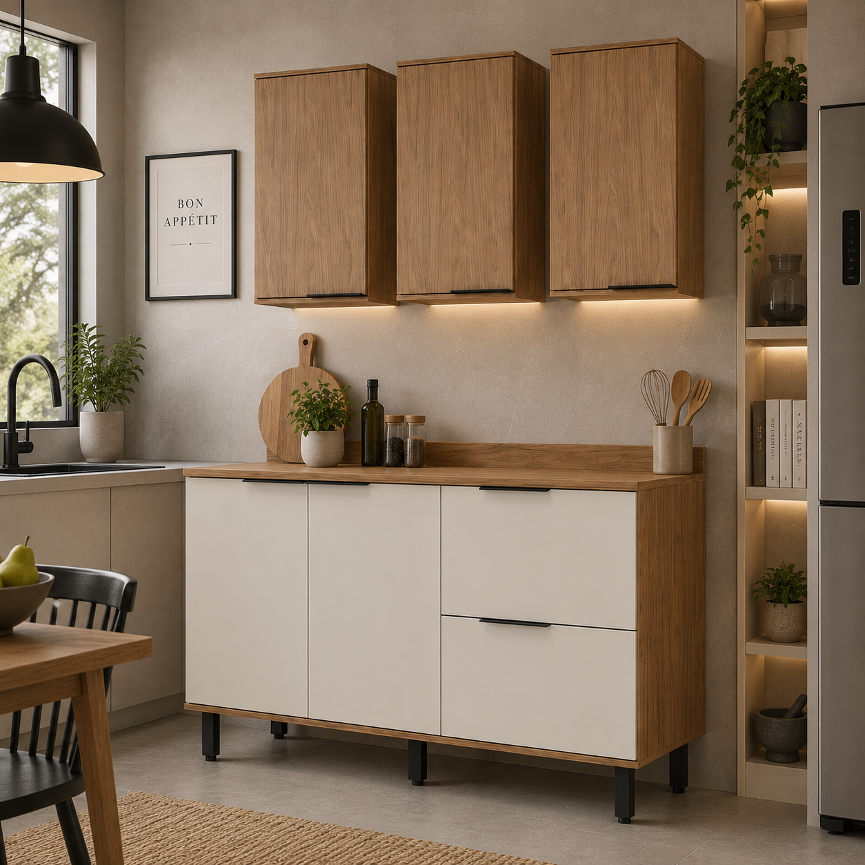 Cocina 120 cm Dominica 5 Puertas 2 Cajones Natural/Blanco Apagado