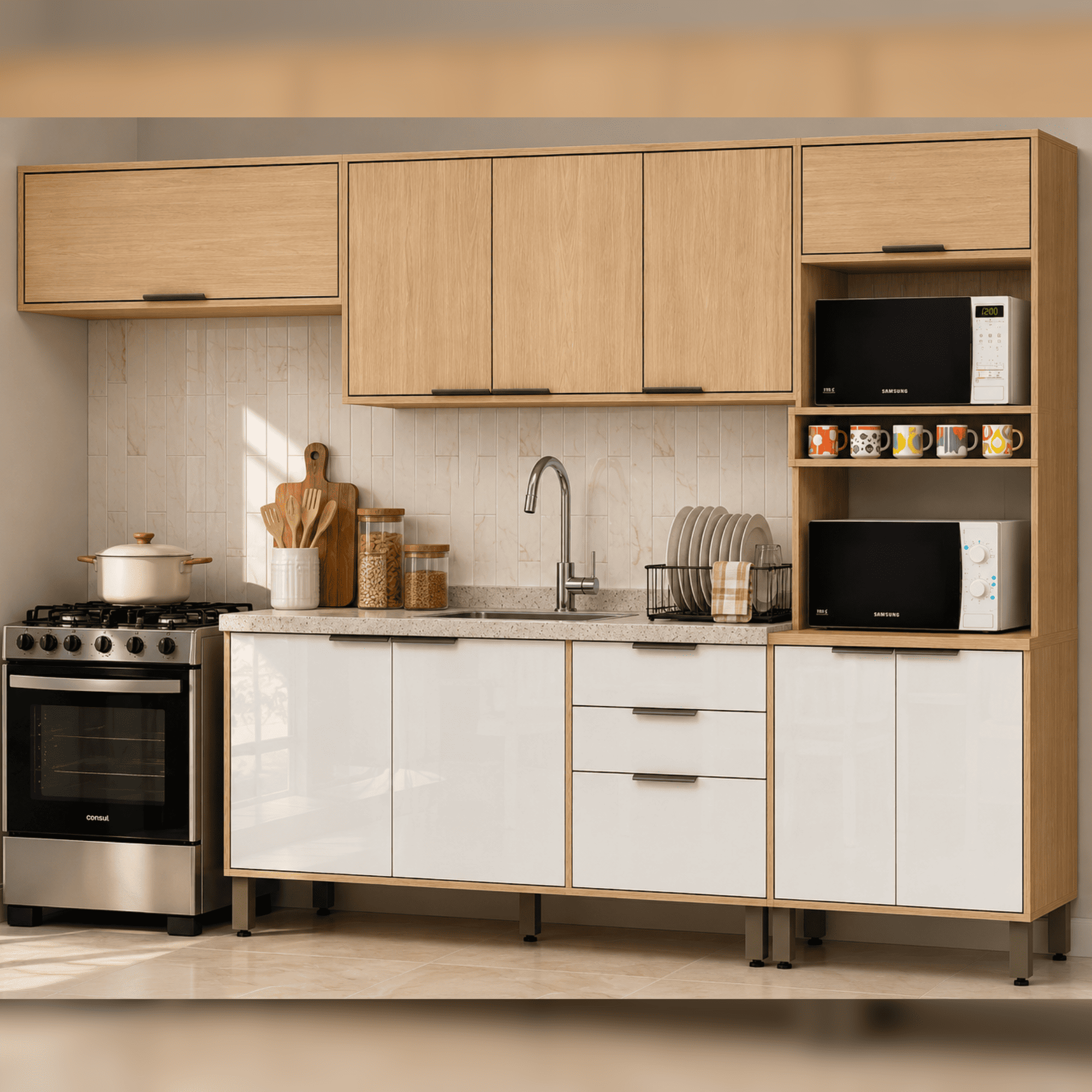 Cocina 270 cm Elba 11 Puertas 2 Cajones Almendra/Blanco Apagado