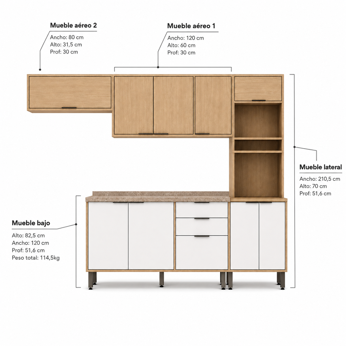 Cocina 270 cm Elba 11 Puertas 2 Cajones Almendra/Blanco Apagado