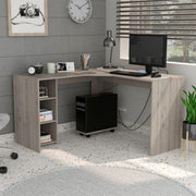 Escritorio en l dafne, humo, con dos entrepaños y base con rodachinas para fácil desplazamiento hc