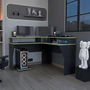 Escritorio gamer invictor, wengue y verde, con espacio adicional para pantallas