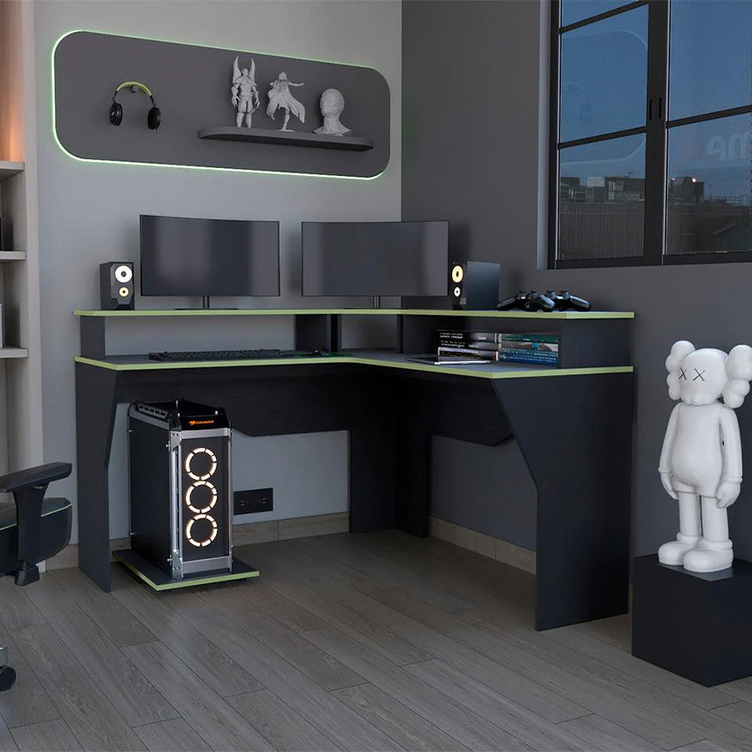 Escritorio Gamer Invictor, Wengue y Verde, con Espacio Adicional para Pantallas