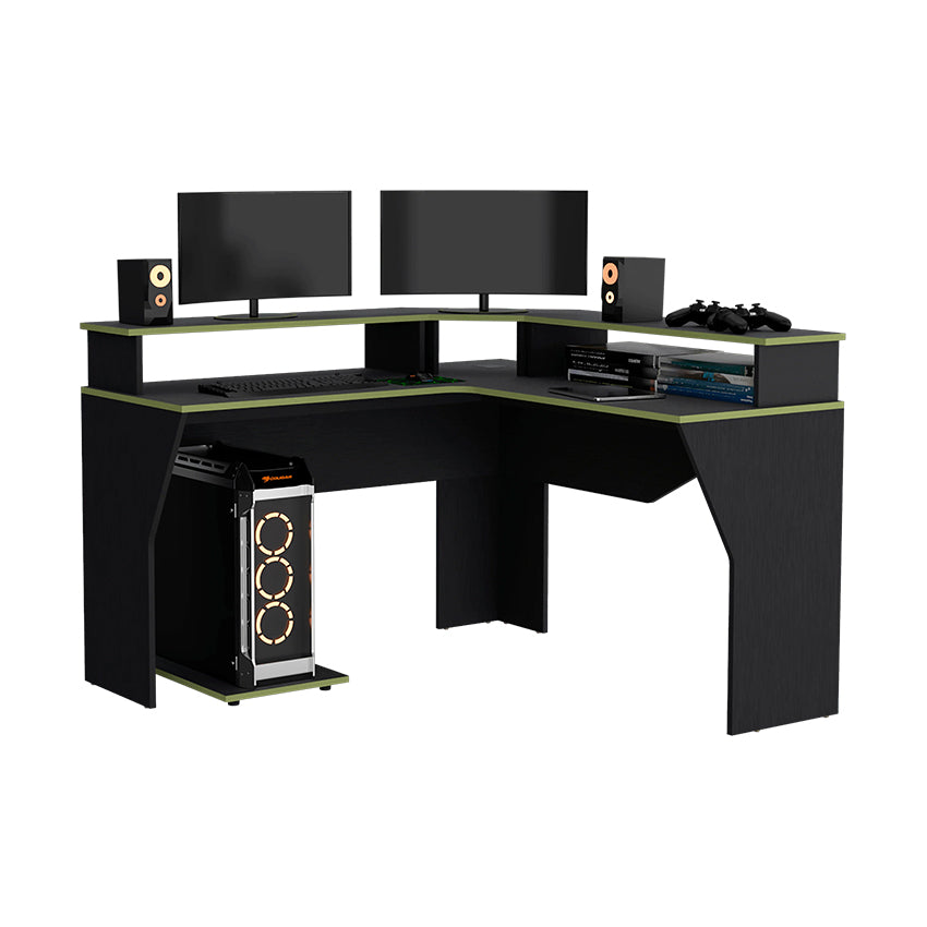 Escritorio Gamer Invictor, Wengue y Verde, con Espacio Adicional para Pantallas