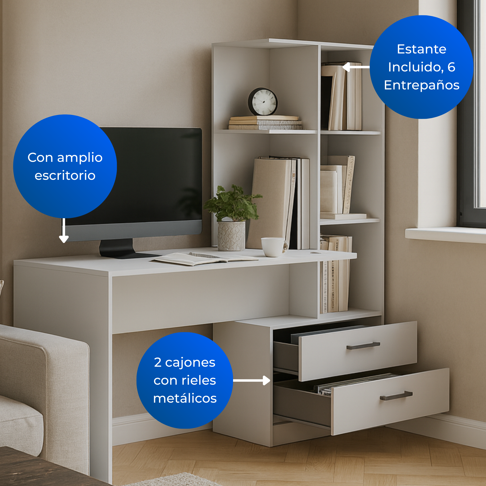 Escritorio + Biblioteca Poli Blanco