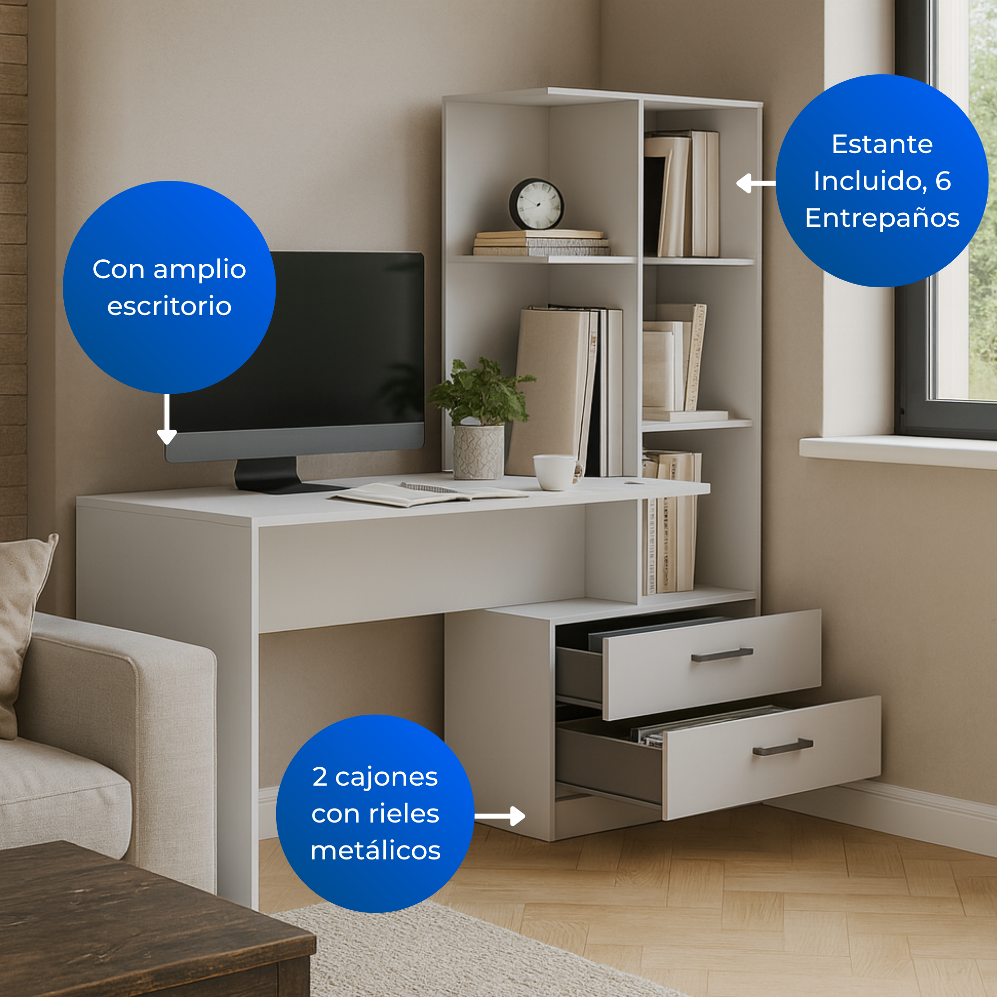 Escritorio + Biblioteca Poli Blanco