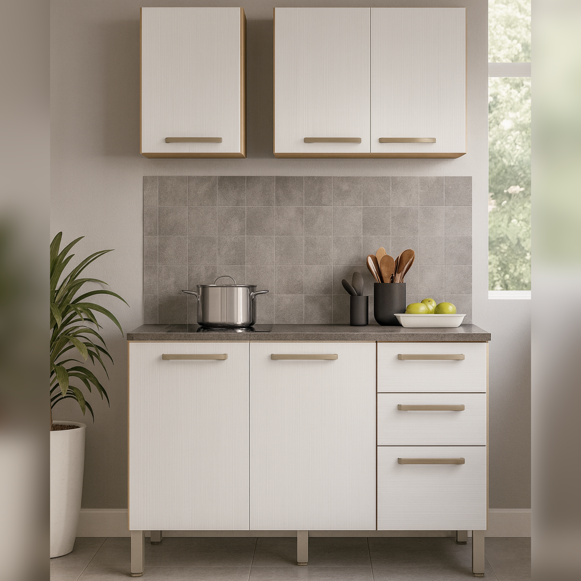 Cocina gazania 120cm 6 puertas 2 cajones maderado natural blanco supremo