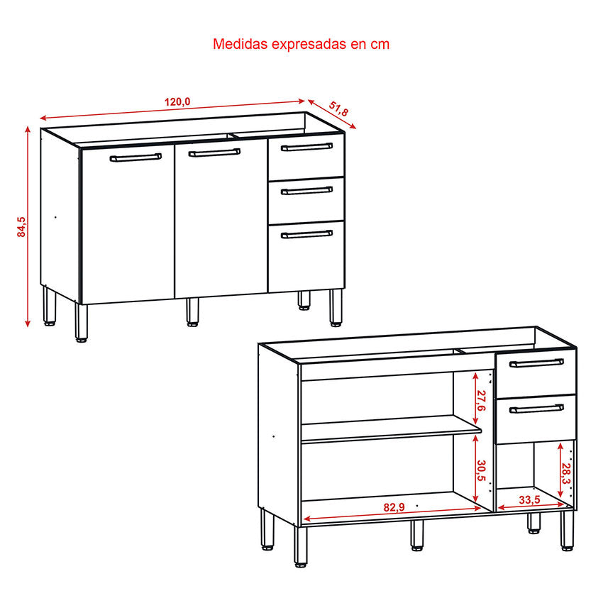 Cocina gazania 120cm 6 puertas 2 cajones maderado natural blanco supremo