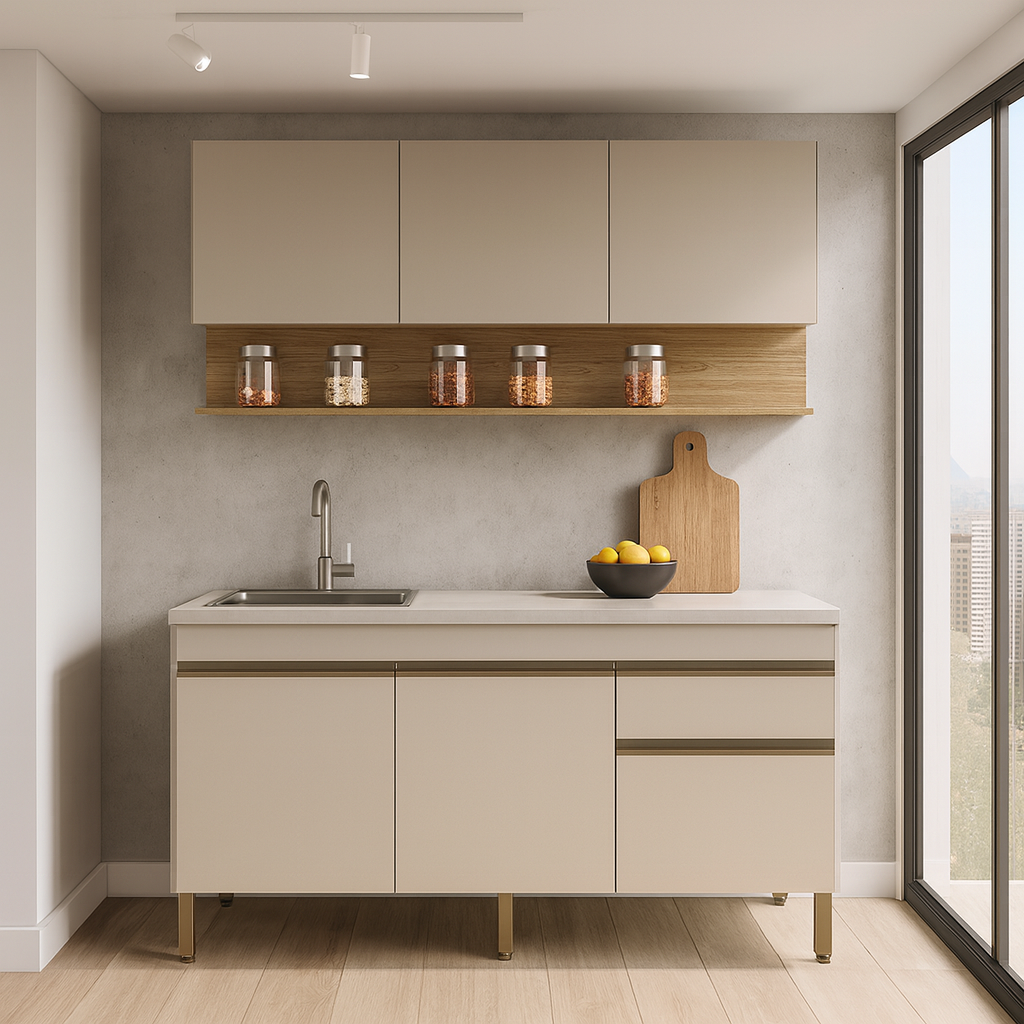 Cocina 150cm hortensia 6 puertas 1 cajon vainilla maderado natural