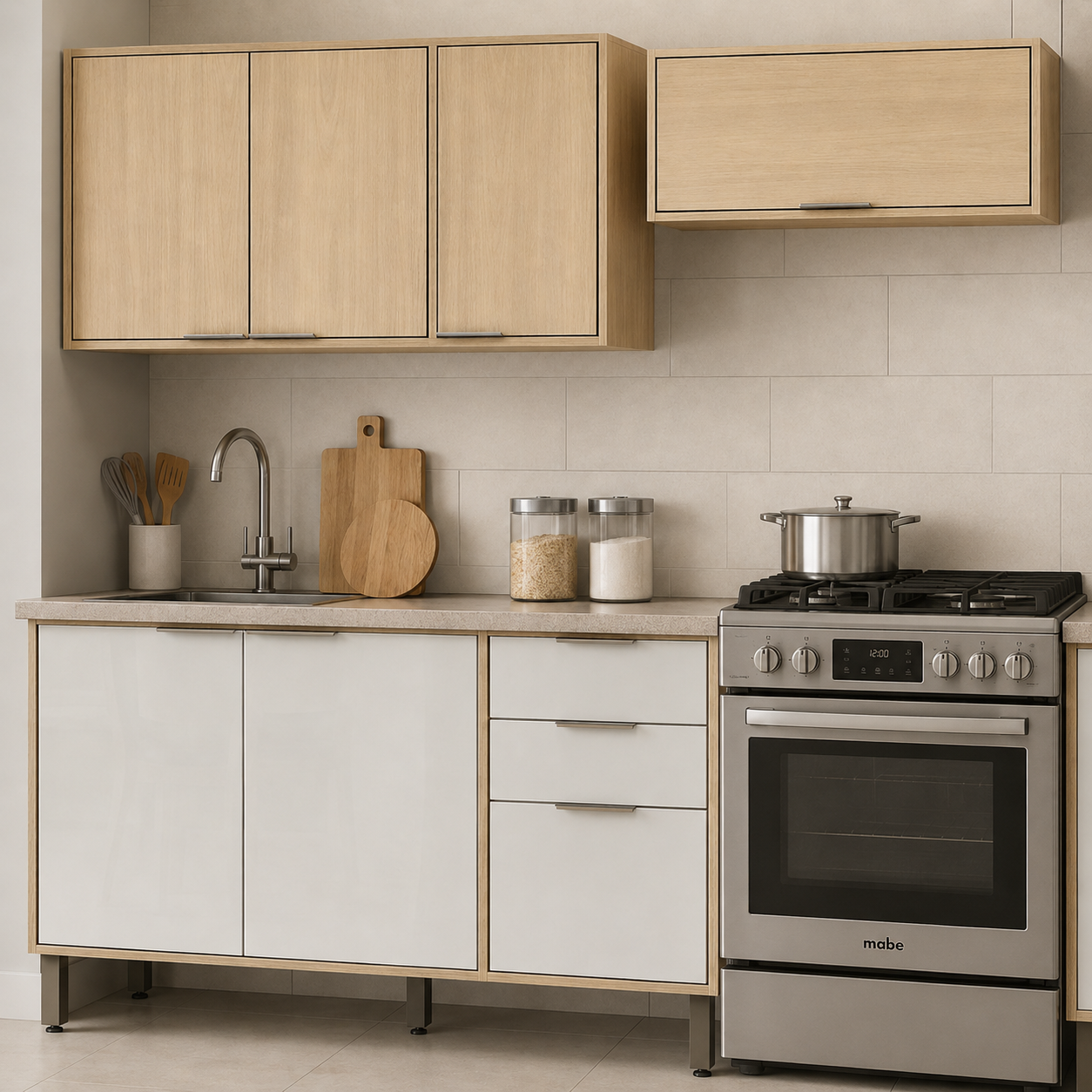 Cocina 200 cm Isabela 7 Puertas 2 Cajones Almendra/Blanco Apagado
