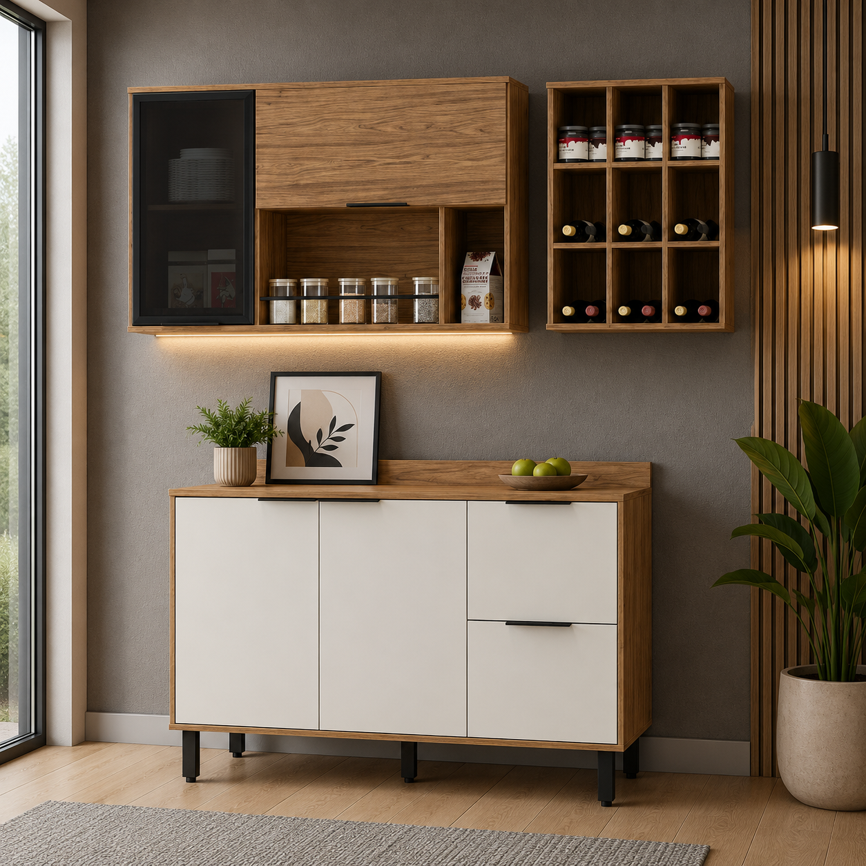 Cocina 160 cm Ibiza 3 Puertas 2 Cajones Natural/Blanco Apagado