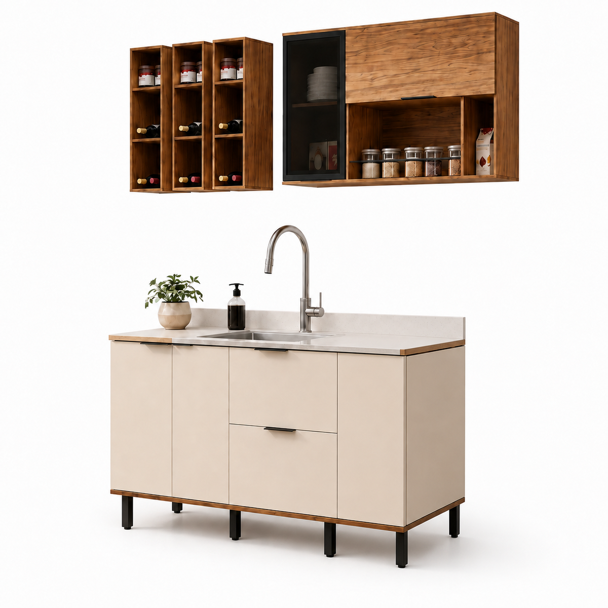 Cocina 160 cm Ibiza 3 Puertas 2 Cajones Natural/Blanco Apagado