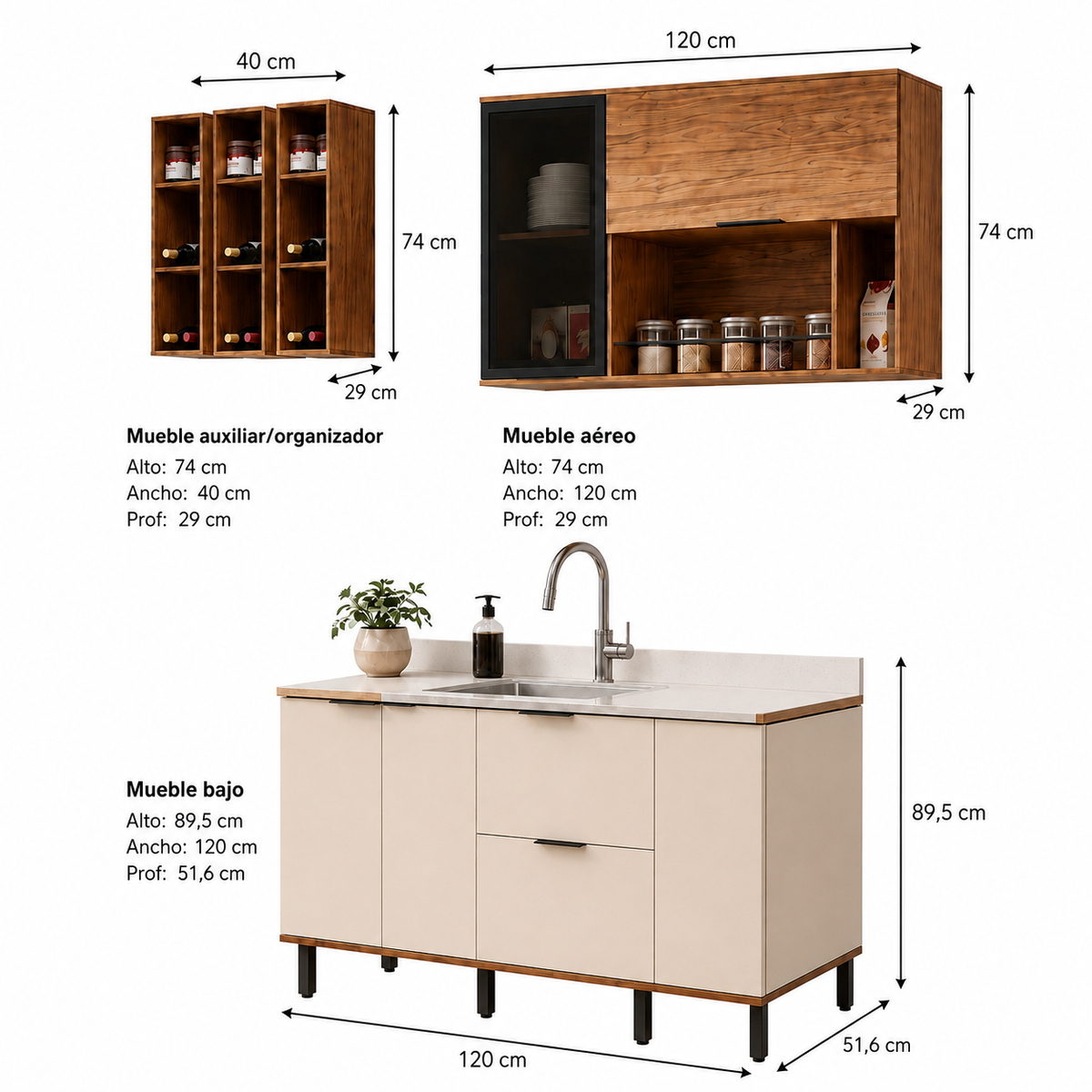 Cocina 160 cm Ibiza 3 Puertas 2 Cajones Natural/Blanco Apagado