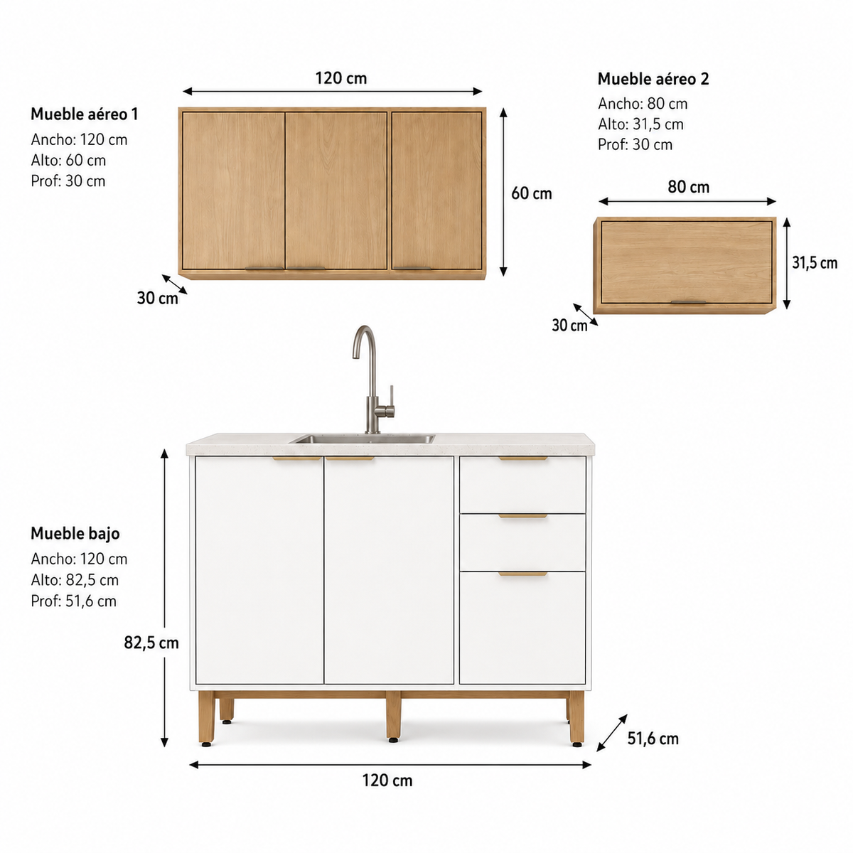 Cocina 200 cm Isabela 7 Puertas 2 Cajones Almendra/Blanco Apagado