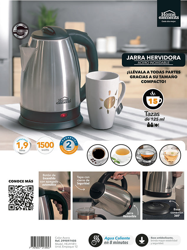 Jarra hervidora 1,9 lts acero inoxidable home elements