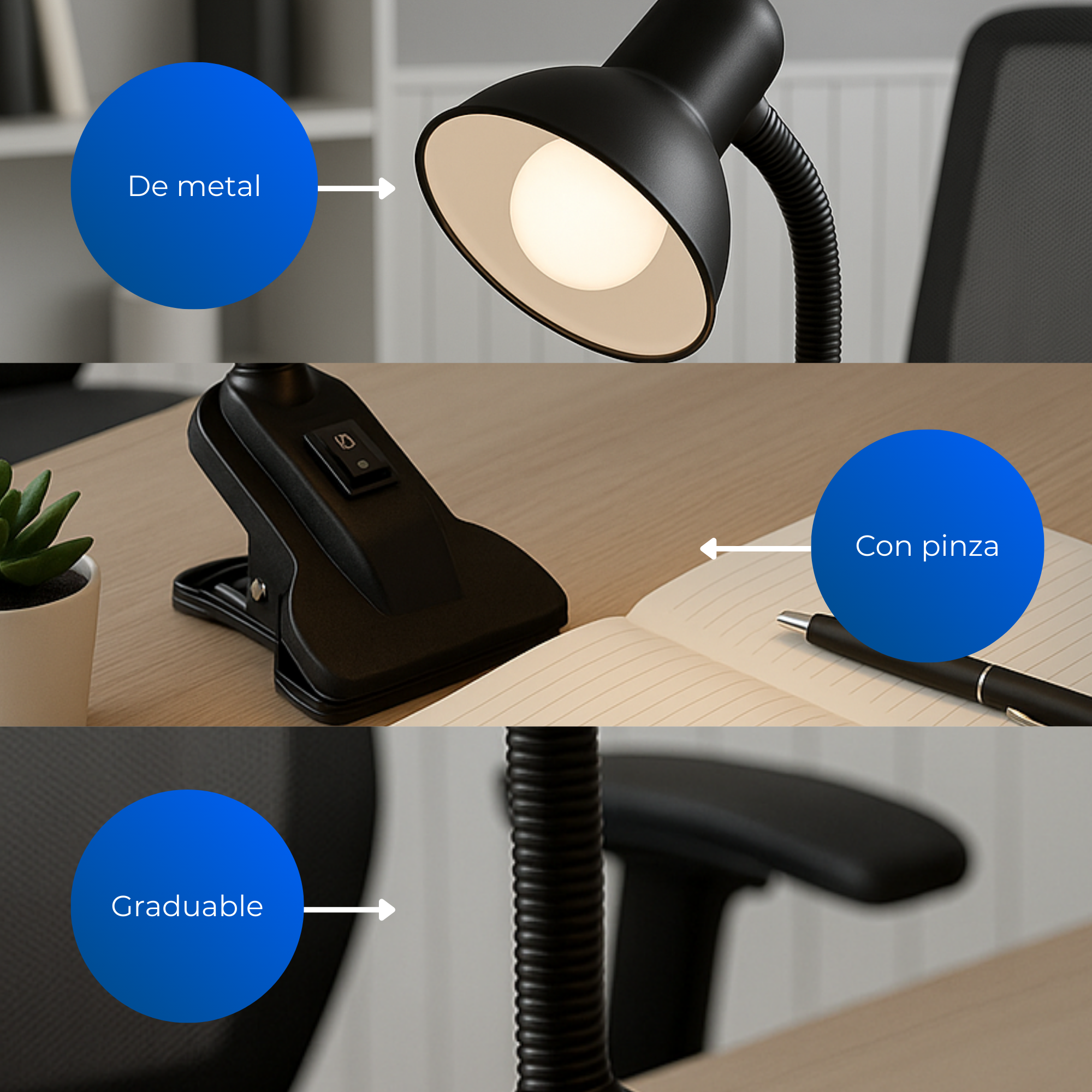 Lampara De Escritorio Base Pequeña Pinza Negra