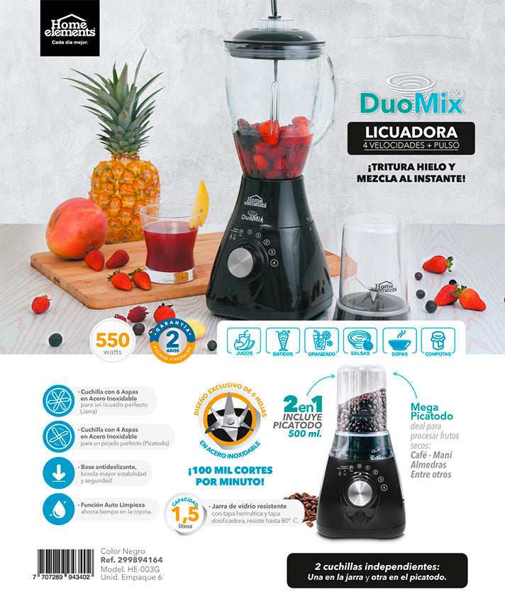 Licuadora 1,5 litros duo mix pro home elements