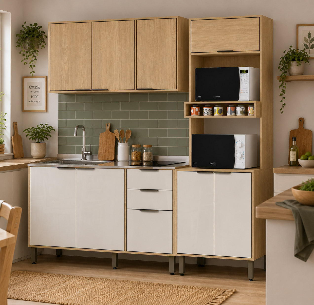 Cocina 190 cm Maui 9 Puertas 2 Cajones Almendra/Blanco Apagado