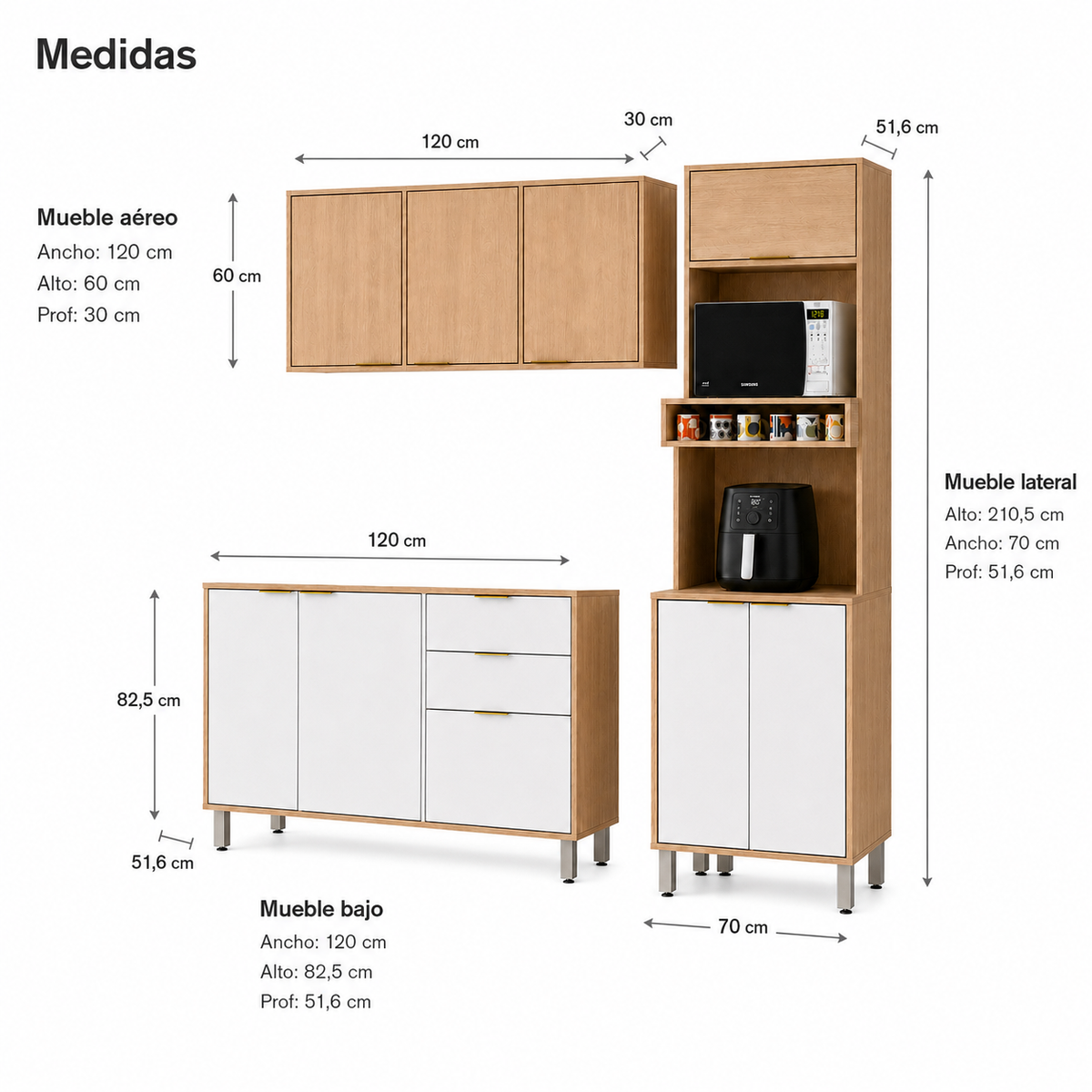 Cocina 190 cm Maui 9 Puertas 2 Cajones Almendra/Blanco Apagado