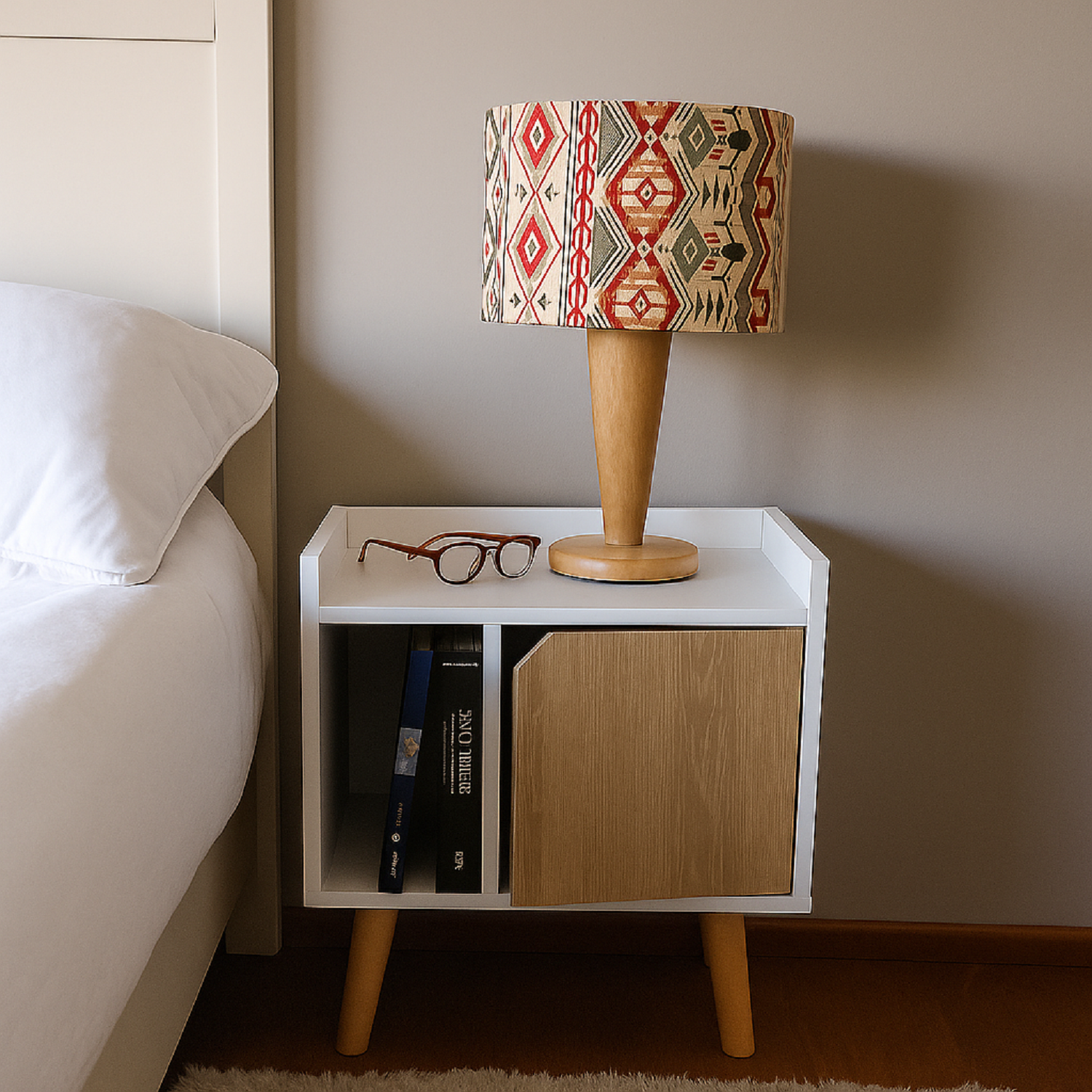 Mesa de Noche Dreams (50X45X30) Blanca con puerta Vienes, pata en madera