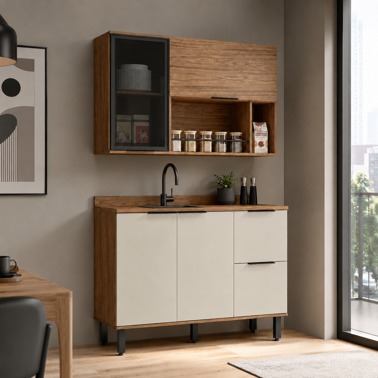 Cocina 120 cm Malta 3 Puertas 2 Cajones Natural/Blanco Apagado