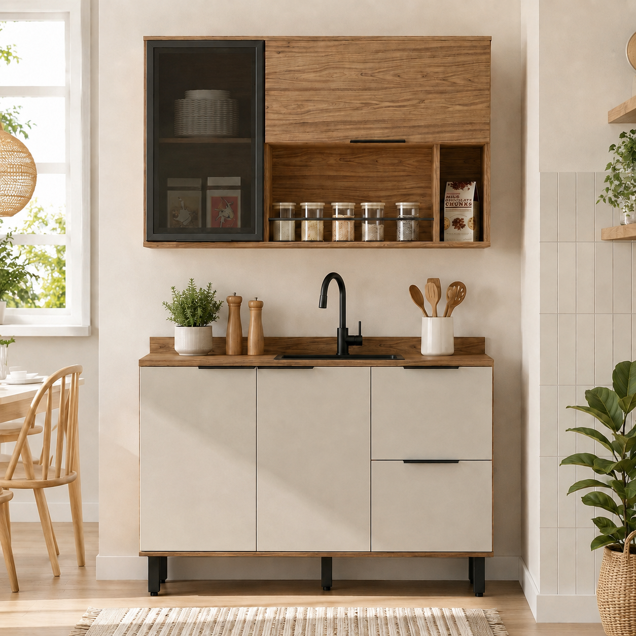 Cocina 120 cm Malta 3 Puertas 2 Cajones Natural/Blanco Apagado