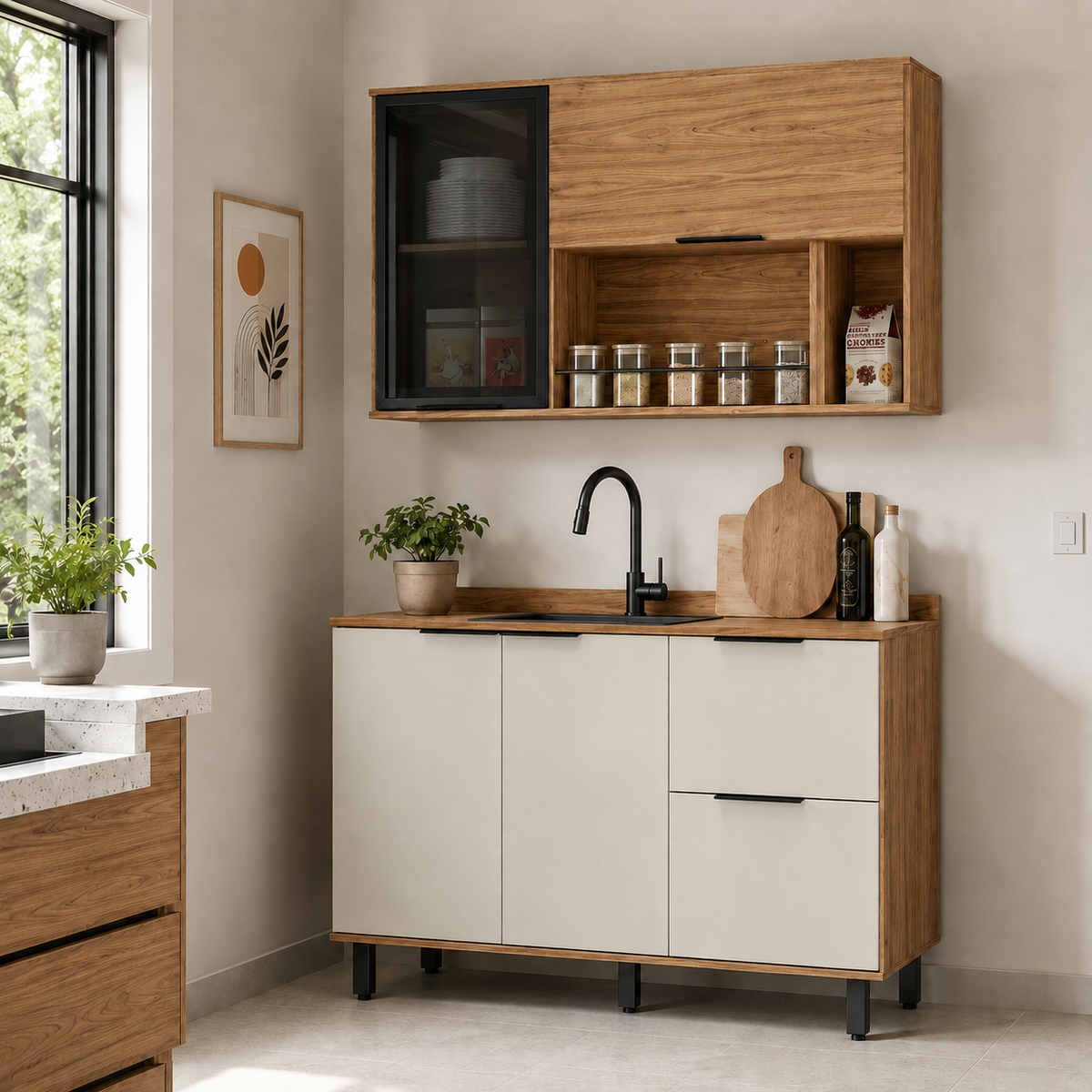 Cocina 120 cm Malta 3 Puertas 2 Cajones Natural/Blanco Apagado