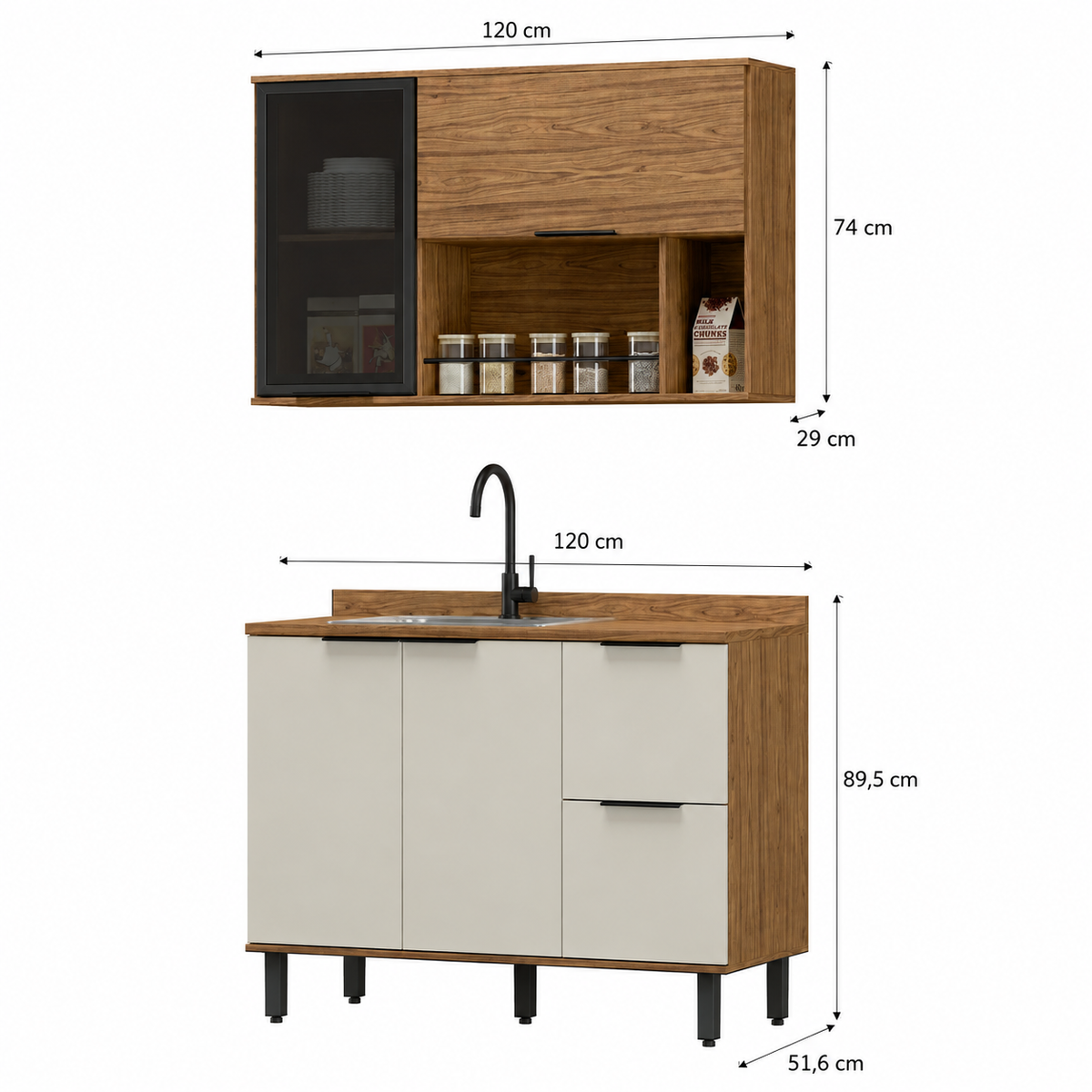 Cocina 120 cm Malta 3 Puertas 2 Cajones Natural/Blanco Apagado