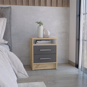 Mesa de noche douglas con un entrepaño superior y dos cajones organizadores