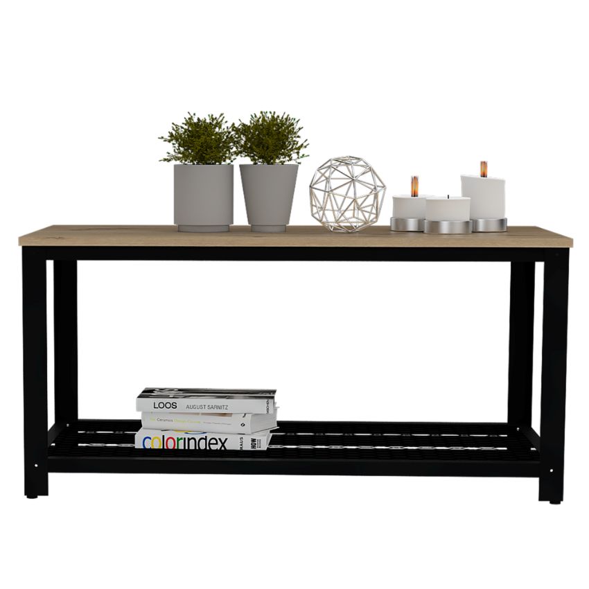 Mesa de centro dusty, café claro, con estructura metálica negra