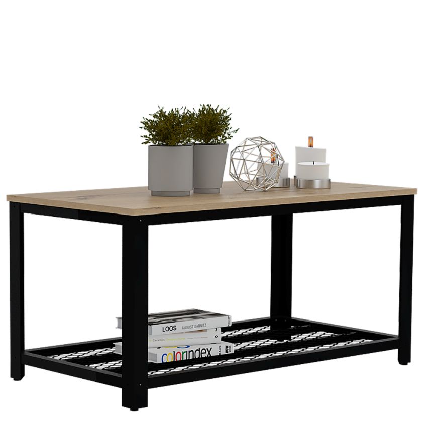 Mesa de centro dusty, café claro, con estructura metálica negra
