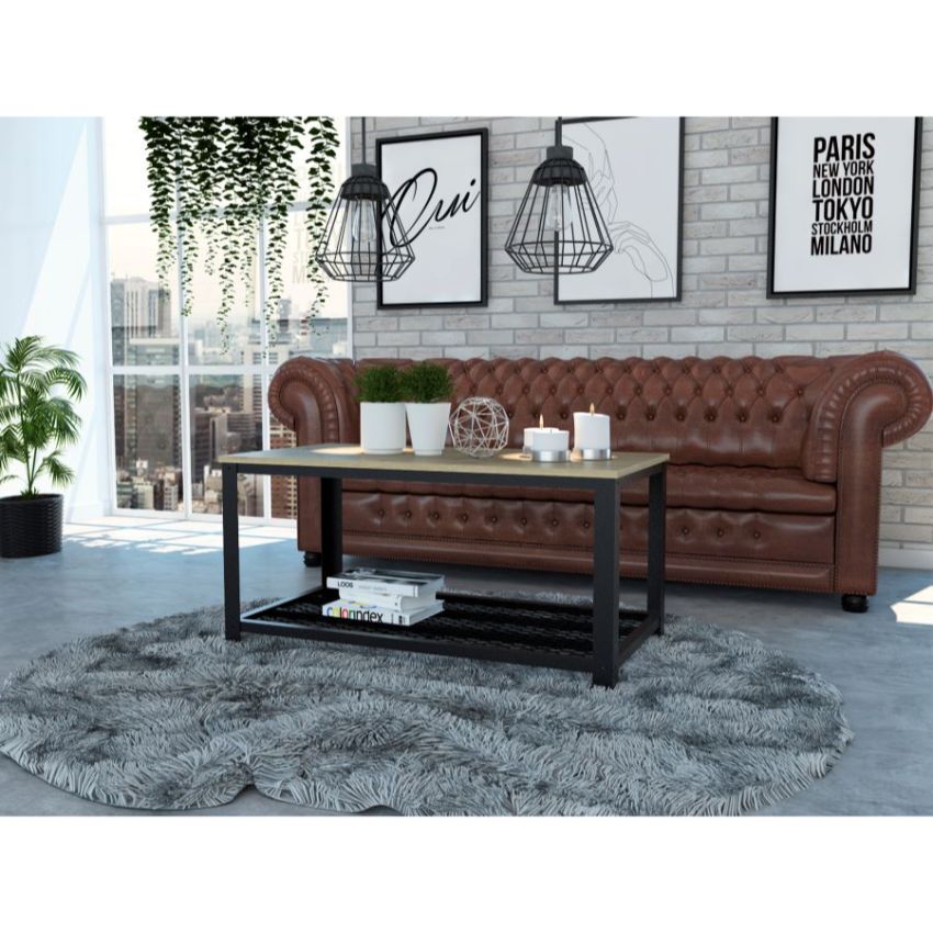 Mesa de centro dusty, café claro, con estructura metálica negra