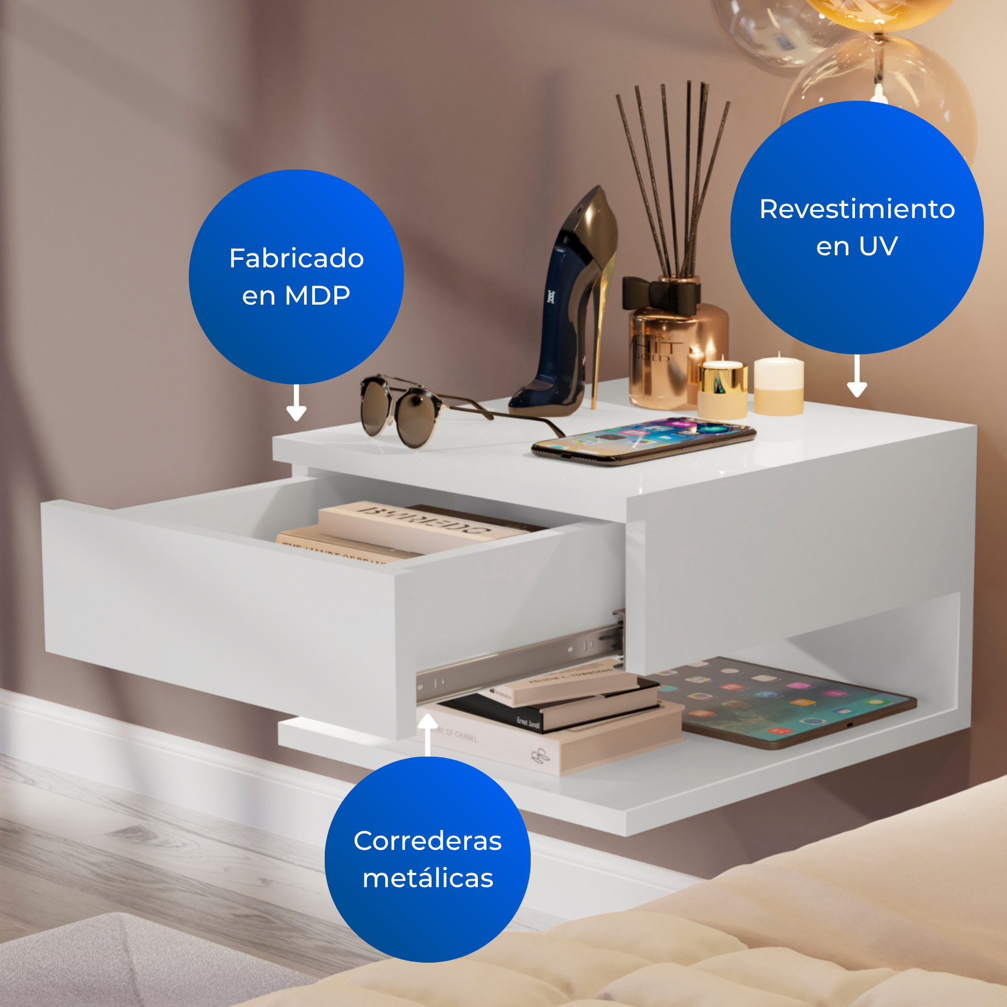 Mesa de noche Flotante Roma Blanco