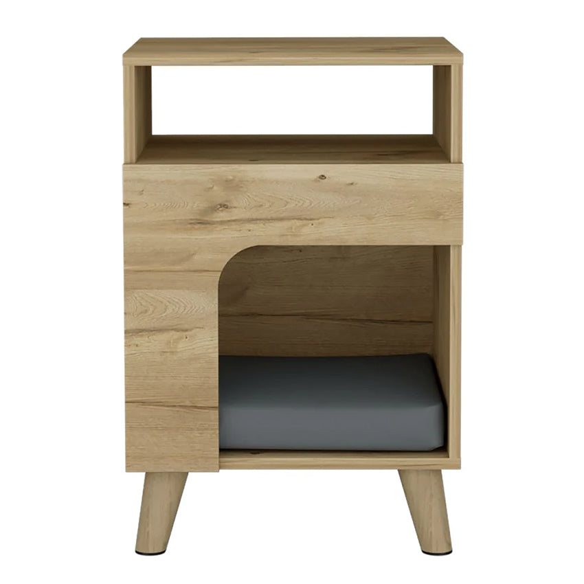 Mesa de noche yersi café claro con espacio para tu mascota