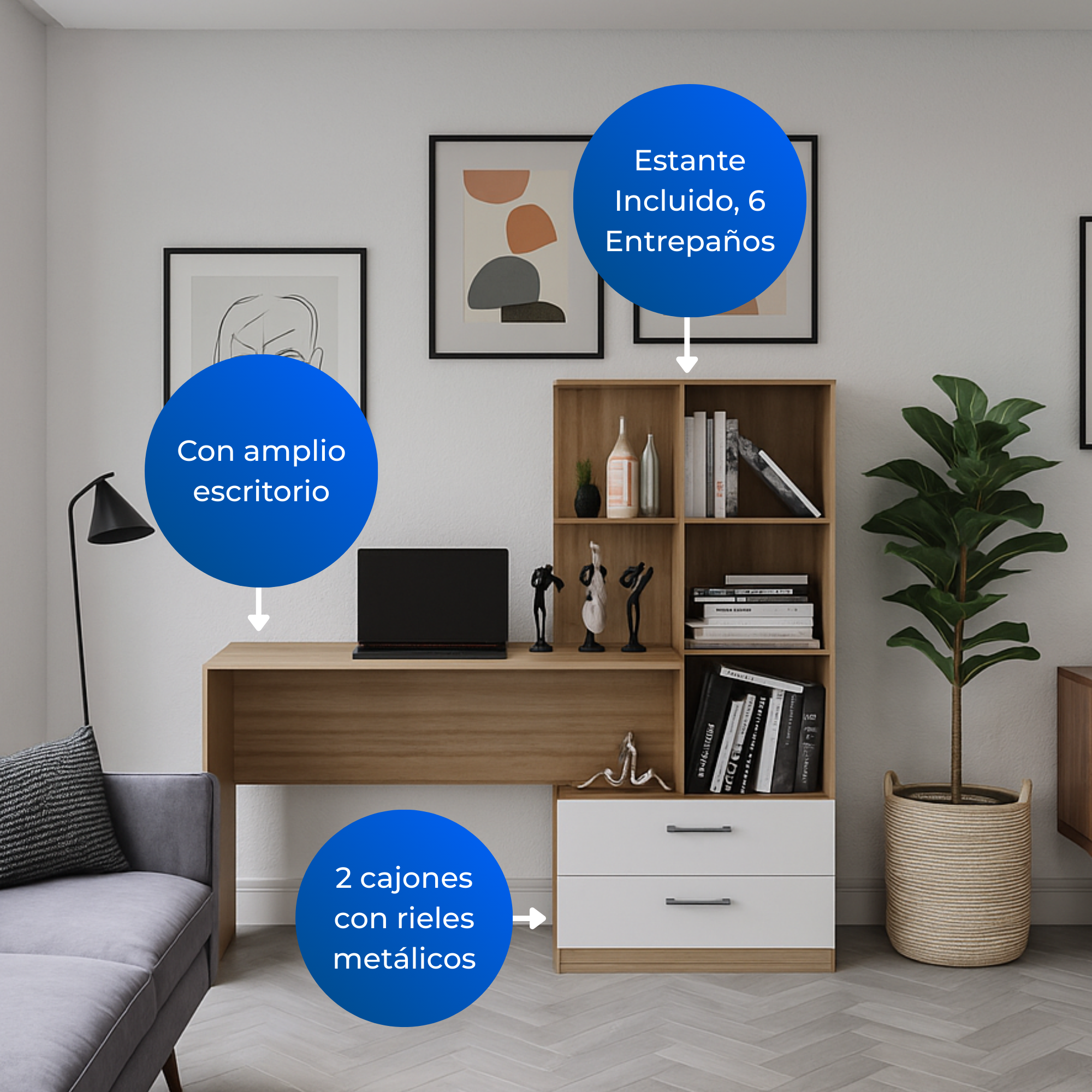 Escritorio + Biblioteca Poli Blanco