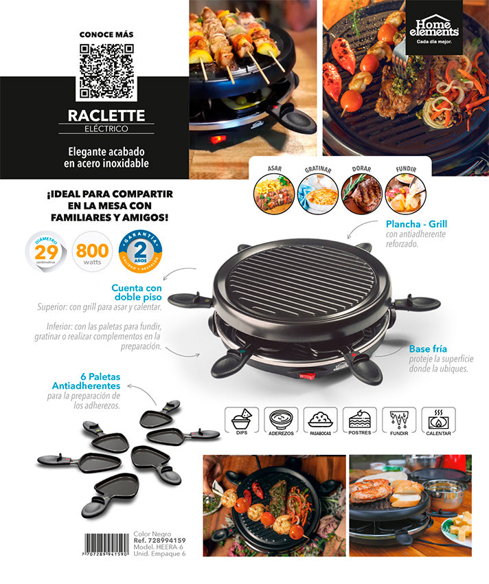Raclette grill electrico 28 cm home elements