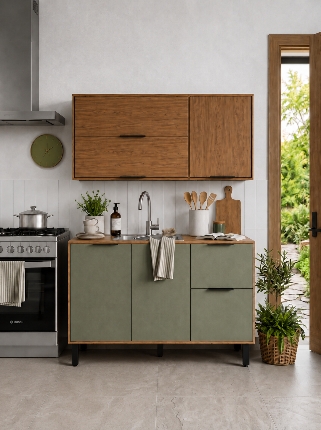 Cocina 200 cm Rosario 5 Puertas 2 Cajones Natural/Oliva